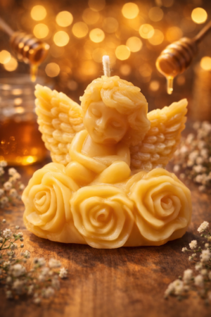 👼 Natürliche Bienenwachskerze „Engel mit Rosen“
