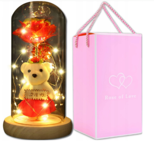 ✨ Rose of Love – Dekorative LED-Rose mit Teddybär unter Glasglocke